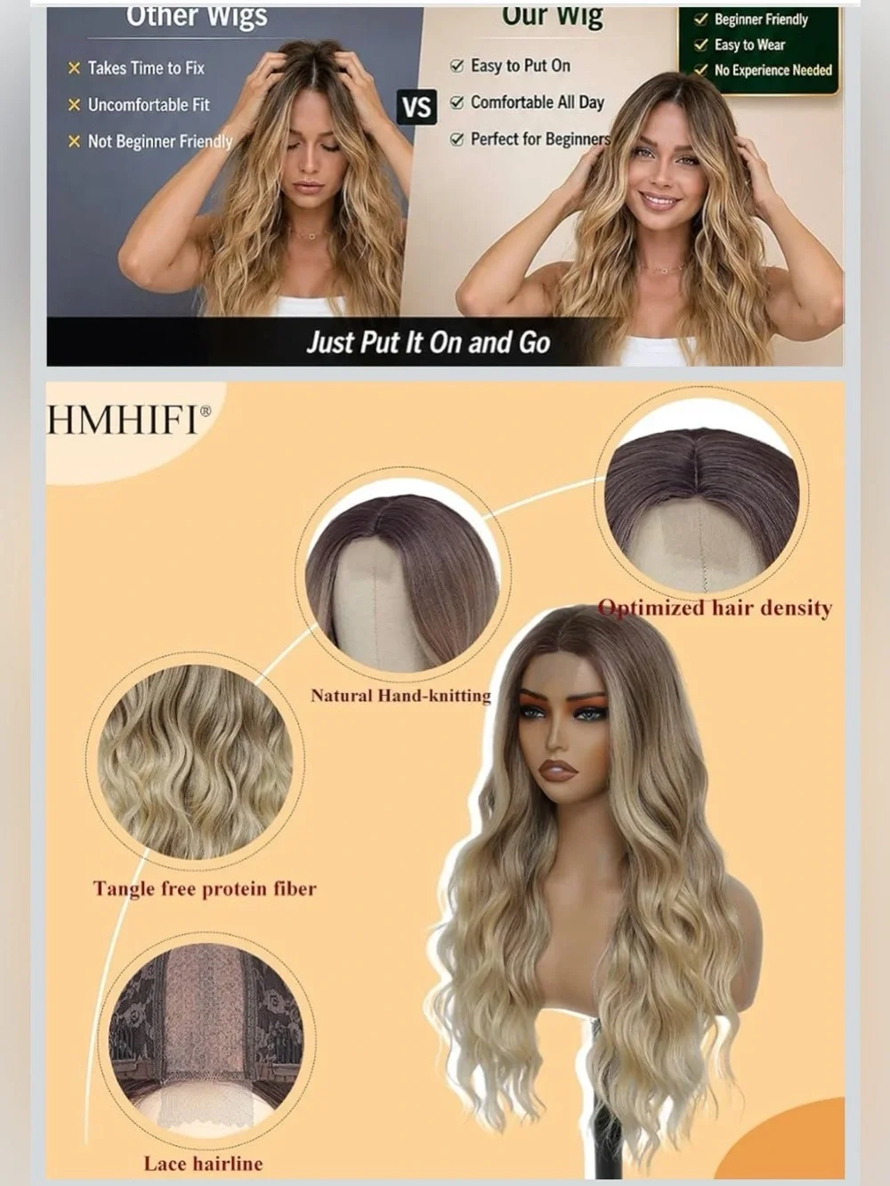 Wig layered waves Long Brown Blonde Ombré Easy-style Adjustable Daily wear 26”